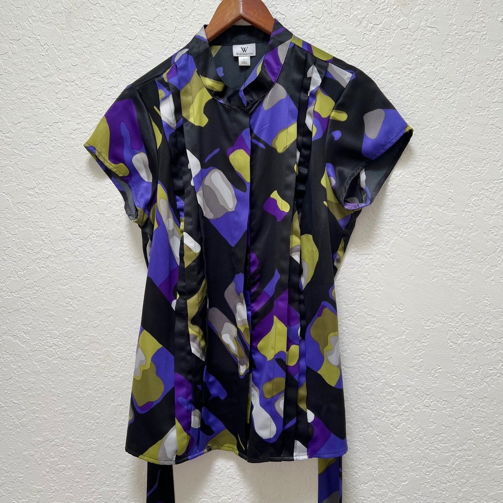 Worthington NWT Womens Purple Green Abstract Satin Button Up Belated Blouse L